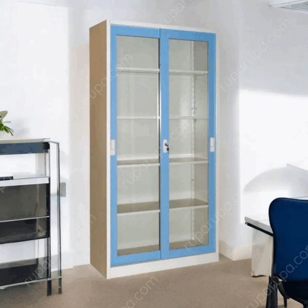 LEMARI ARSIP BESI KANTOR 2 PINTU KACA SLIDING BIRU KRISBOW