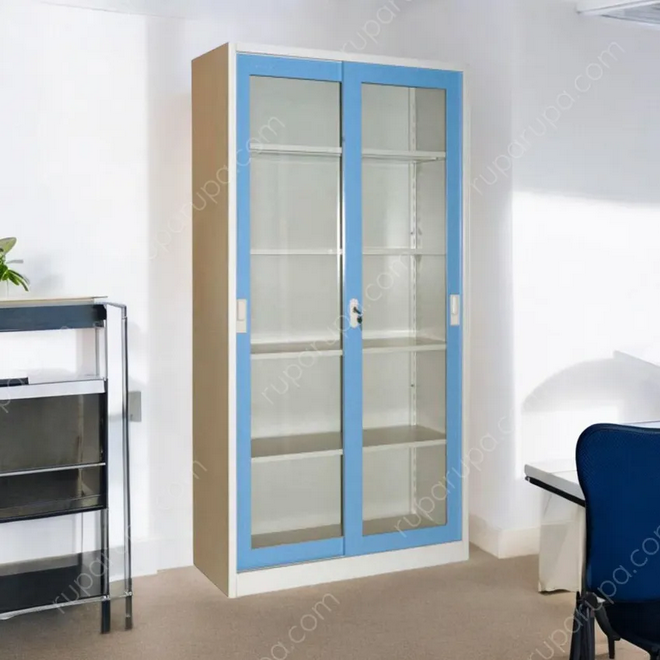 LEMARI ARSIP BESI KANTOR 2 PINTU KACA SLIDING BIRU KRISBOW