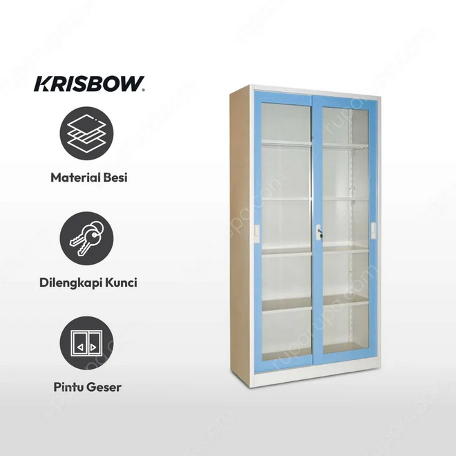 LEMARI ARSIP BESI KANTOR 2 PINTU KACA SLIDING BIRU KRISBOW
