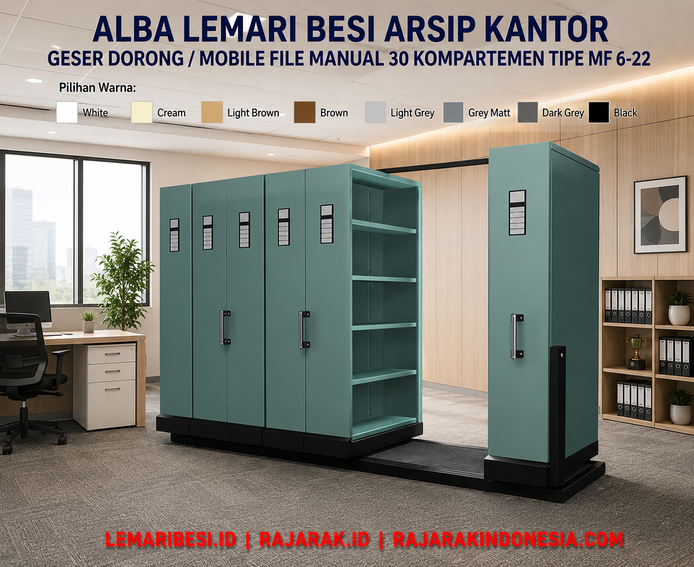 ALBA LEMARI BESI ARSIP KANTOR GESER DORONG / MOBILE FILE MANUAL 30 KOMPARTEMEN TIPE MF 6-22: Solusi Penyimpanan Arsip Modern dengan Kapasitas Besar, Hemat Ruang, dan Tahan Lama