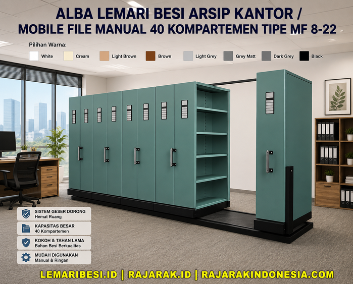 ALBA LEMARI BESI ARSIP KANTOR / MOBILE FILE MANUAL 40 KOMPARTEMEN TIPE MF 8-22: Solusi Penyimpanan Arsip Kantor Berkapasitas Besar, Hemat Ruang, dan Profesional