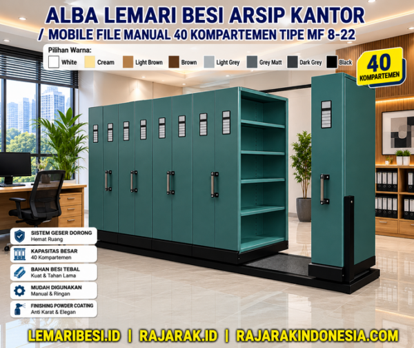 ALBA LEMARI BESI ARSIP KANTOR MOBILE FILE MANUAL 40 KOMPARTEMEN TIPE MF 8-22 (2)(1) ALBA LEMARI BESI ARSIP KANTOR / MOBILE FILE MANUAL 40 KOMPARTEMEN TIPE MF 8-22: Solusi Penyimpanan Arsip Kantor Berkapasitas Besar, Hemat Ruang, dan Profesional