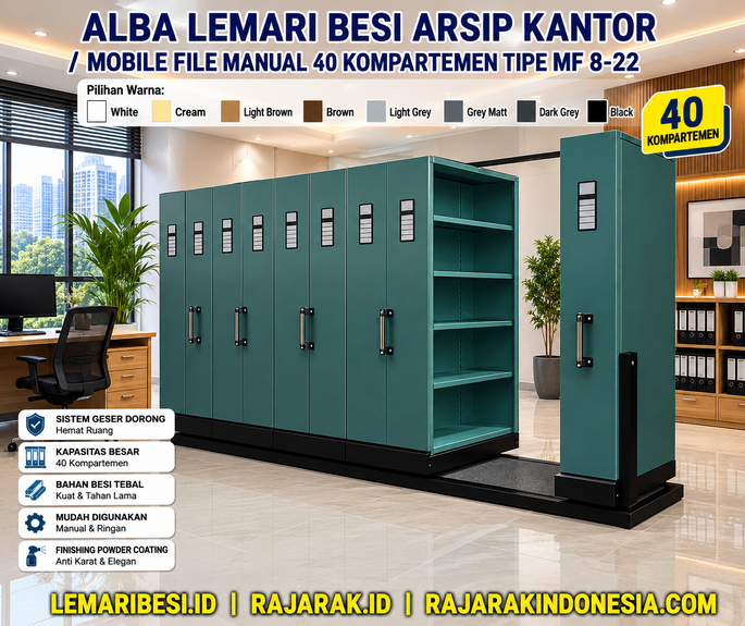 ALBA LEMARI BESI ARSIP KANTOR / MOBILE FILE MANUAL 40 KOMPARTEMEN TIPE MF 8-22: Solusi Penyimpanan Arsip Kantor Berkapasitas Besar, Hemat Ruang, dan Profesional