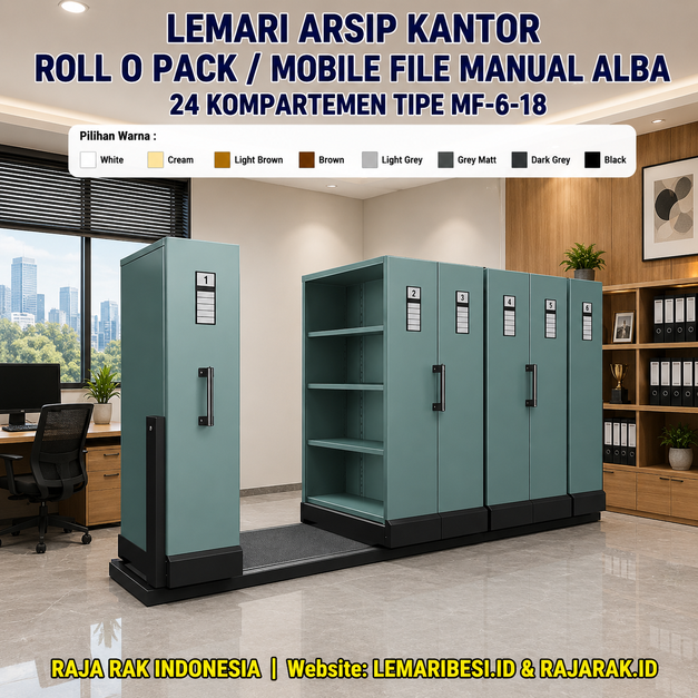 LEMARI ARSIP KANTOR ROLL O PACK  MOBILE FILE MANUAL ALBA 24 KOMPARTEMEN TIPE MF-6-18 Solusi Penyimpanan Arsip Modern yang Hemat Ruang dan Berkapasitas Besar