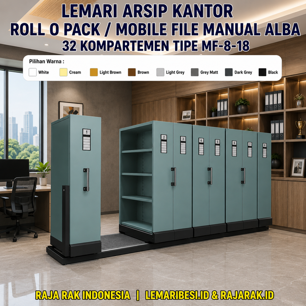 LEMARI ARSIP KANTOR ROLL O PACK / MOBILE FILE MANUAL ALBA 32 KOMPARTEMEN TIPE MF-8-18: Solusi Penyimpanan Arsip Profesional dengan Kapasitas Besar dan Hemat Ruang