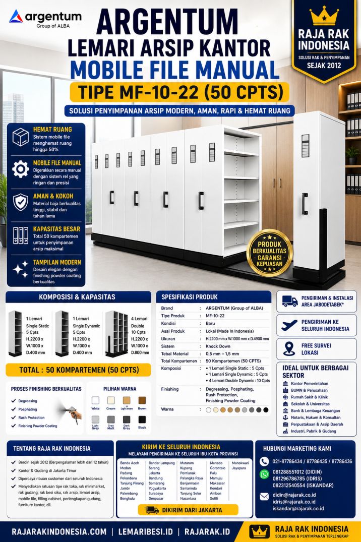 ARGENTUM LEMARI ARSIP KANTOR MOBILE FILE MANUAL TIPE MF-10-22 (50 CPTS) | LEMARIBESI.ID