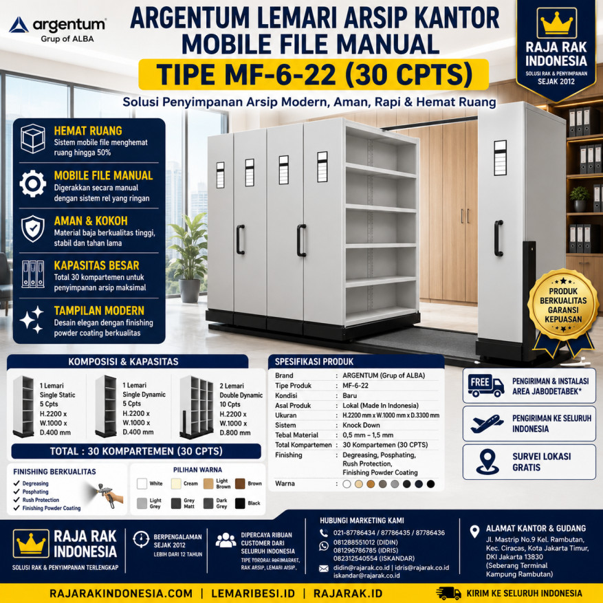 ARGENTUM LEMARI ARSIP KANTOR MOBILE FILE MANUAL TIPE MF-6-22 (30 CPTS) | LEMARIBESI.ID