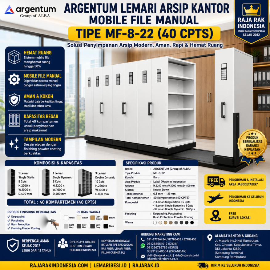 ARGENTUM LEMARI ARSIP KANTOR MOBILE FILE MANUAL TIPE MF-8-22 (40 CPTS) | LEMARIBESI.ID