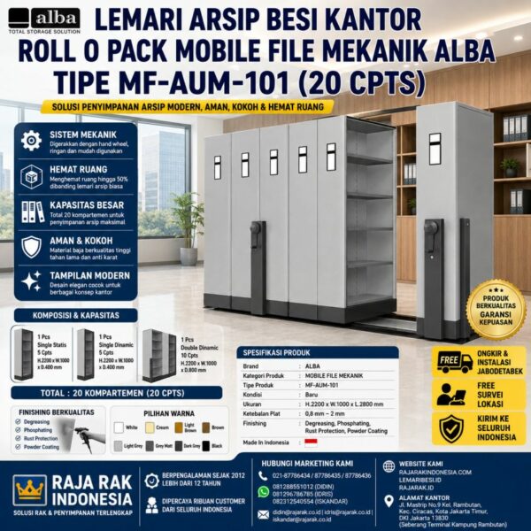 LEMARI ARSIP BESI KANTOR ALBA ROLL O PACK MOBILE FILE MEKANIK TIPE MF-AUM-101 (20 CPTS) | LEMARIBESI.ID