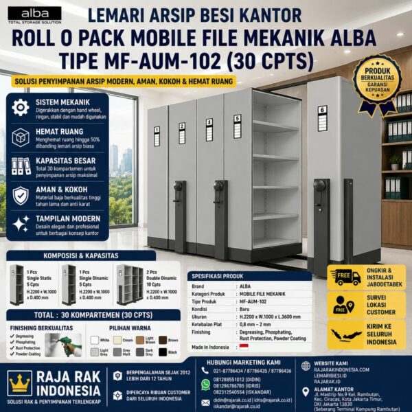 LEMARI ARSIP BESI KANTOR ALBA ROLL O PACK MOBILE FILE MEKANIK TIPE MF-AUM-102 (30 CPTS) | LEMARIBESI.ID