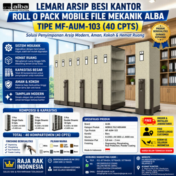 LEMARI ARSIP BESI KANTOR ALBA ROLL O PACK MOBILE FILE MEKANIK TIPE MF-AUM-103 (40 CPTS) LEMARIBESI.ID