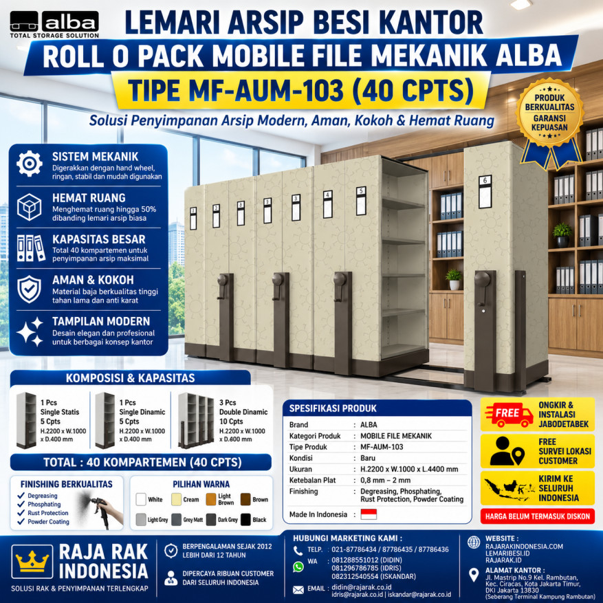LEMARI ARSIP BESI KANTOR ALBA ROLL O PACK MOBILE FILE MEKANIK TIPE MF-AUM-103 (40 CPTS)  LEMARIBESI.ID