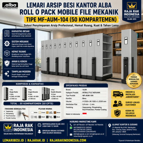 LEMARI ARSIP BESI KANTOR ALBA ROLL O PACK MOBILE FILE MEKANIK TIPE MF-AUM-104 (50 CPTS) LEMARI ARSIP BESI KANTOR ALBA ROLL O PACK MOBILE FILE MEKANIK TIPE MF-AUM-104 (50 CPTS) | LEMARIBESI.ID