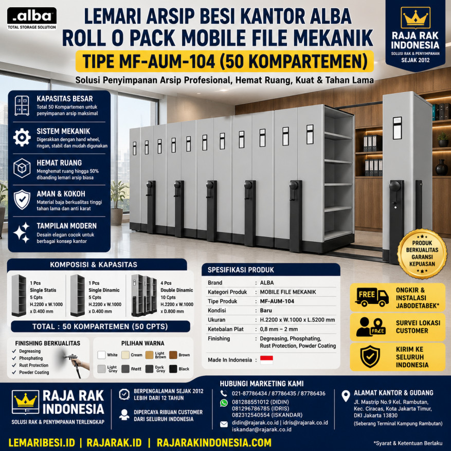 LEMARI ARSIP BESI KANTOR ALBA ROLL O PACK MOBILE FILE MEKANIK TIPE MF-AUM-104 (50 CPTS) | LEMARIBESI.ID